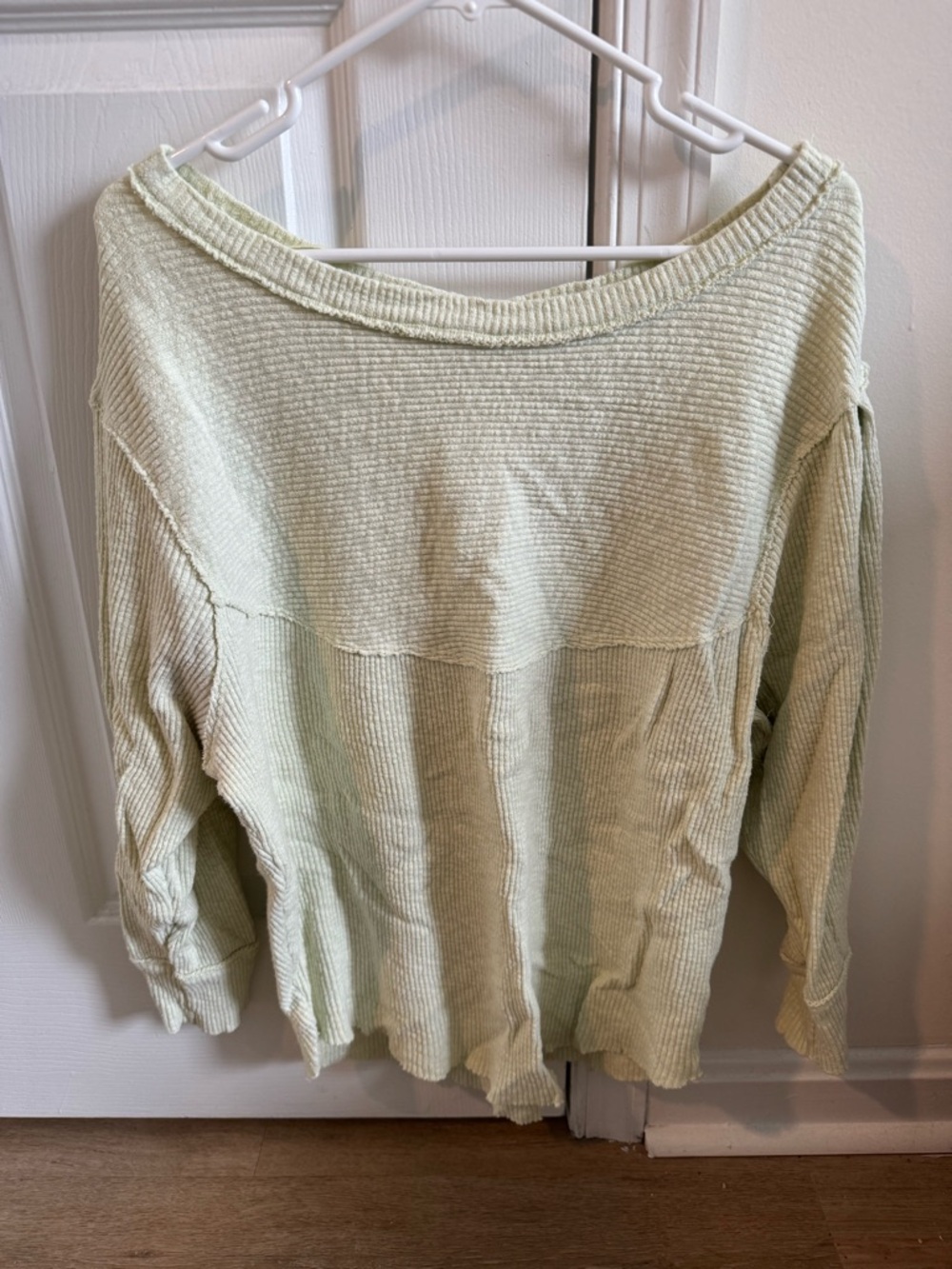 We The Free Pale Green Off-the-Shoulder Ribbed Long Sleeve Shirt
